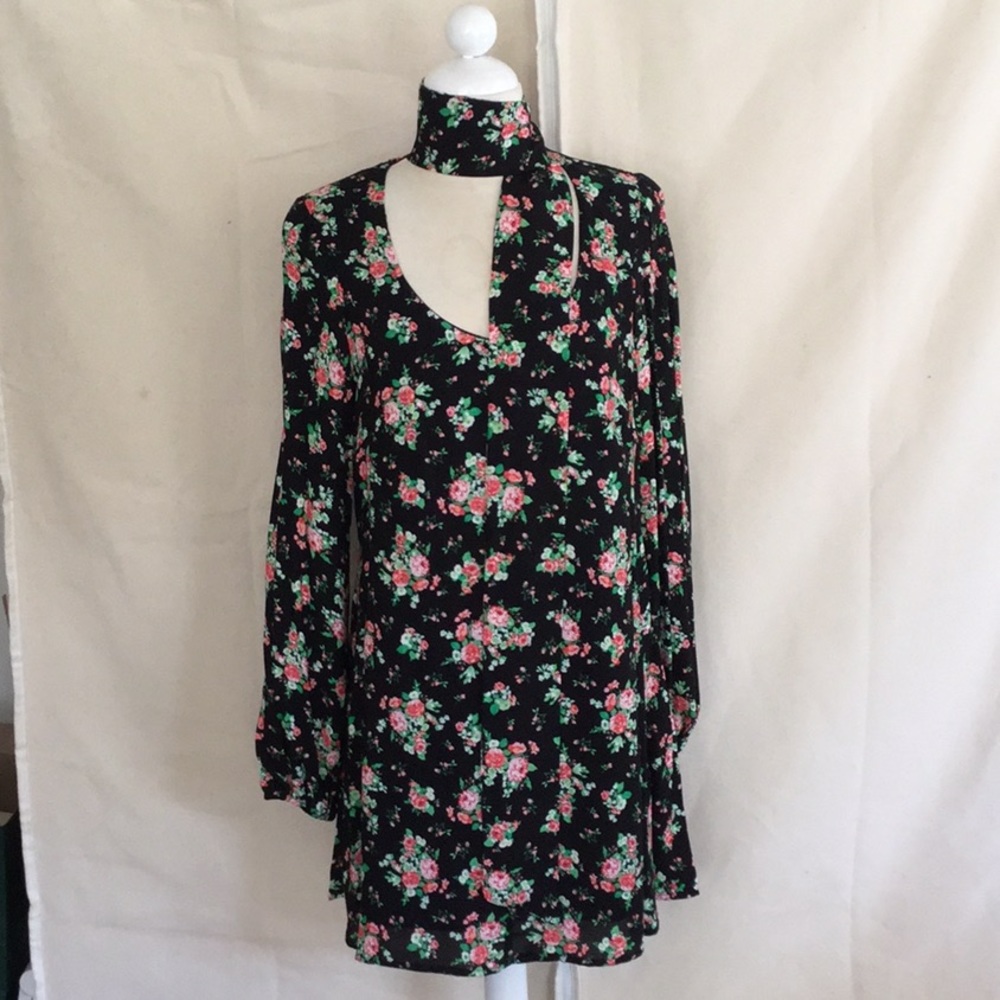 Black floral long sleeve dress with tie